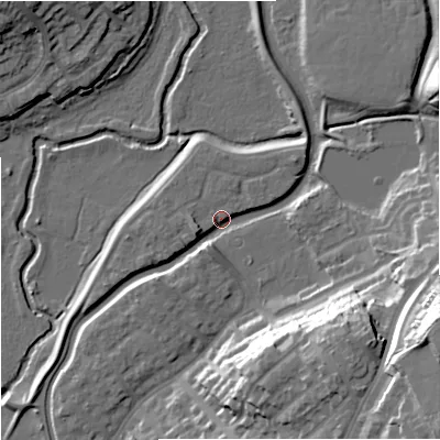 Shaded relief map of the ground around DY102HR, computed from Environment Agency LiDAR. The ground here sits at about 37 m above sea level and falls 33 m across the surrounding 800 m. Surface water reaching this point runs off ground lying to the south-east, 20.9 m higher.