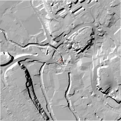 Shaded relief map of the ground around DY102JG, computed from Environment Agency LiDAR. The ground here sits at about 34 m above sea level and falls 26 m across the surrounding 800 m. Surface water reaching this point runs off ground lying to the north-east, 21.3 m higher.