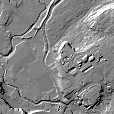 Shaded relief map of the ground around DY102JS, computed from Environment Agency LiDAR. The ground here sits at about 38 m above sea level and falls 25 m across the surrounding 800 m. Surface water reaching this point runs off ground lying to the east, 17.9 m higher.