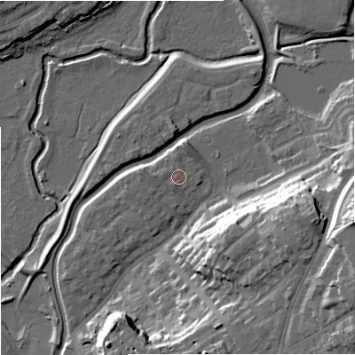 Shaded relief map of the ground around DY102LA, computed from Environment Agency LiDAR. The ground here sits at about 37 m above sea level and falls 30 m across the surrounding 800 m. Surface water reaching this point runs off ground lying to the west, 1.4 m higher.
