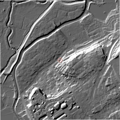 Shaded relief map of the ground around DY102LR, computed from Environment Agency LiDAR. The ground here sits at about 37 m above sea level and falls 33 m across the surrounding 800 m. Surface water reaching this point runs off ground lying to the east, 25.0 m higher.
