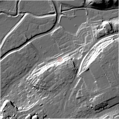Shaded relief map of the ground around DY102LU, computed from Environment Agency LiDAR. The ground here sits at about 40 m above sea level and falls 35 m across the surrounding 800 m. Surface water reaching this point runs off ground lying to the south-east, 18.4 m higher.