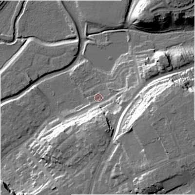 Shaded relief map of the ground around DY102LX, computed from Environment Agency LiDAR. The ground here sits at about 38 m above sea level and falls 35 m across the surrounding 800 m. Surface water reaching this point runs off ground lying to the south-south-east, 16.9 m higher.