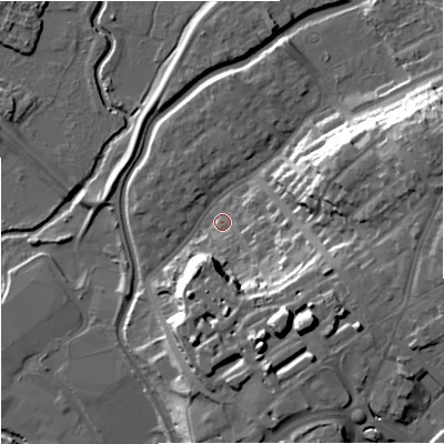 Shaded relief map of the ground around DY102NS, computed from Environment Agency LiDAR. The ground here sits at about 37 m above sea level and falls 24 m across the surrounding 800 m. Surface water reaching this point runs off ground lying to the south-south-east, 20.5 m higher.