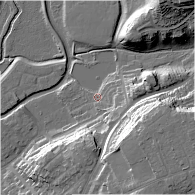 Shaded relief map of the ground around DY102PT, computed from Environment Agency LiDAR. The ground here sits at about 39 m above sea level and falls 35 m across the surrounding 800 m. Surface water reaching this point runs off ground lying to the east-south-east, 30.8 m higher.