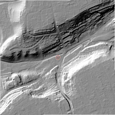 Shaded relief map of the ground around DY102UH, computed from Environment Agency LiDAR. The ground here sits at about 38 m above sea level and falls 34 m across the surrounding 800 m. Surface water reaching this point runs off ground lying to the east-south-east, 33.1 m higher.