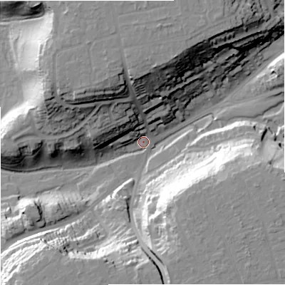Shaded relief map of the ground around DY102UJ, computed from Environment Agency LiDAR. The ground here sits at about 38 m above sea level and falls 34 m across the surrounding 800 m. Surface water reaching this point runs off ground lying to the north, 32.7 m higher.