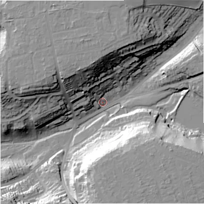 Shaded relief map of the ground around DY102UL, computed from Environment Agency LiDAR. The ground here sits at about 39 m above sea level and falls 34 m across the surrounding 800 m. Surface water reaching this point runs off ground lying to the south-east, 33.5 m higher.