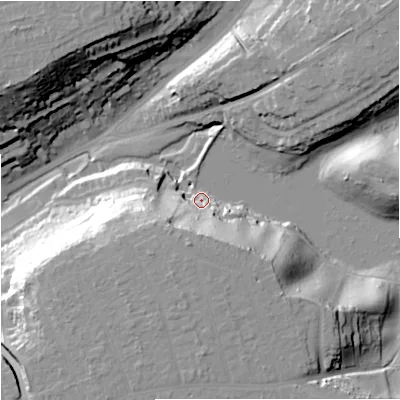 Shaded relief map of the ground around DY102XW, computed from Environment Agency LiDAR. The ground here sits at about 45 m above sea level and falls 34 m across the surrounding 800 m. Surface water reaching this point runs off ground lying to the south-south-west, 28.3 m higher.