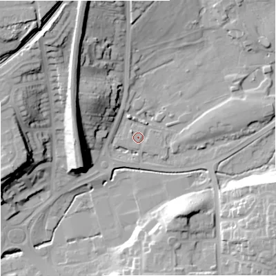 Shaded relief map of the ground around DY103FA, computed from Environment Agency LiDAR. The ground here sits at about 33 m above sea level and falls 35 m across the surrounding 800 m. Surface water reaching this point runs off ground lying to the south, 0.9 m higher.