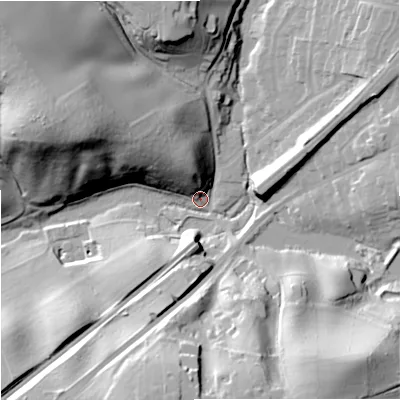 Shaded relief map of the ground around DY103JA, computed from Environment Agency LiDAR. The ground here sits at about 57 m above sea level and falls 49 m across the surrounding 800 m. Surface water reaching this point runs off ground lying to the north-west, 47.6 m higher.