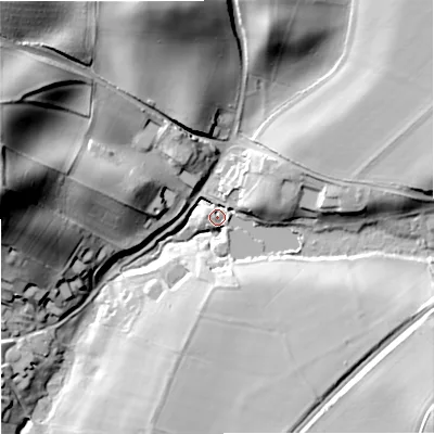 Shaded relief map of the ground around DY103LX, computed from Environment Agency LiDAR. The ground here sits at about 69 m above sea level and falls 46 m across the surrounding 800 m. Surface water reaching this point runs off ground lying to the east, 14.9 m higher.