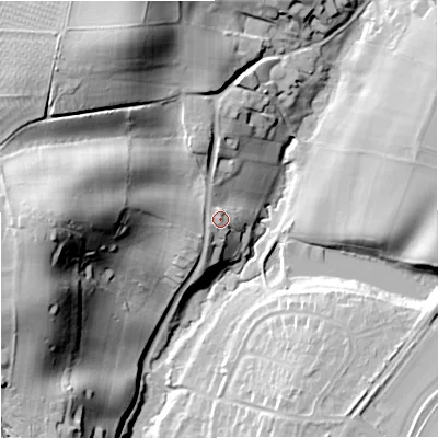 Shaded relief map of the ground around DY103NA, computed from Environment Agency LiDAR. The ground here sits at about 69 m above sea level and falls 44 m across the surrounding 800 m. Surface water reaching this point runs off ground lying to the west, 5.3 m higher.