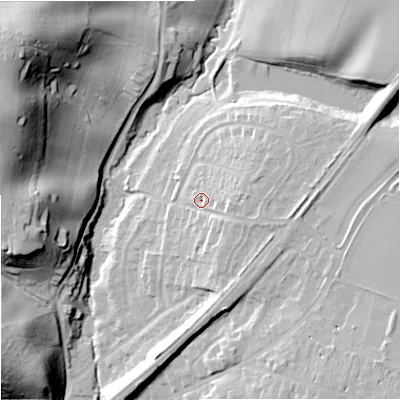Shaded relief map of the ground around DY103ND, computed from Environment Agency LiDAR. The ground here sits at about 66 m above sea level and falls 45 m across the surrounding 800 m. Surface water reaching this point runs off ground lying to the east-north-east, 8.7 m higher.