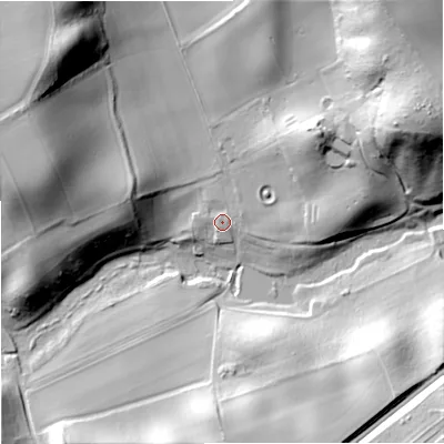 Shaded relief map of the ground around DY103NJ, computed from Environment Agency LiDAR. The ground here sits at about 57 m above sea level and falls 51 m across the surrounding 800 m. Surface water reaching this point runs off ground lying to the north-east, 18.2 m higher.