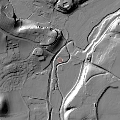 Shaded relief map of the ground around DY103RW, computed from Environment Agency LiDAR. The ground here sits at about 36 m above sea level and falls 39 m across the surrounding 800 m. Surface water reaching this point runs off ground lying to the north-west, 38.2 m higher.