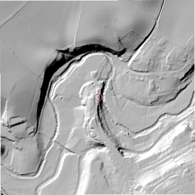 Shaded relief map of the ground around DY103SB, computed from Environment Agency LiDAR. The ground here sits at about 50 m above sea level and falls 45 m across the surrounding 800 m. Surface water reaching this point runs off ground lying to the south-south-east, 17.7 m higher.