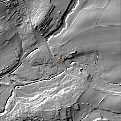 Shaded relief map of the ground around DY104AA, computed from Environment Agency LiDAR. The ground here sits at about 39 m above sea level and falls 19 m across the surrounding 800 m. Surface water reaching this point runs off ground lying to the east-north-east, 6.0 m higher.