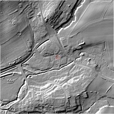 Shaded relief map of the ground around DY104AE, computed from Environment Agency LiDAR. The ground here sits at about 37 m above sea level and falls 20 m across the surrounding 800 m. Surface water reaching this point runs off ground lying to the north-north-east, 3.3 m higher.