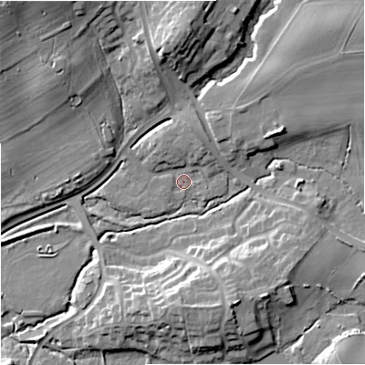Shaded relief map of the ground around DY104AF, computed from Environment Agency LiDAR. The ground here sits at about 37 m above sea level and falls 20 m across the surrounding 800 m. Surface water reaching this point runs off ground lying to the north-north-east, 3.8 m higher.