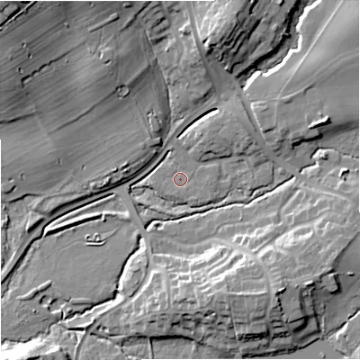 Shaded relief map of the ground around DY104BN, computed from Environment Agency LiDAR. The ground here sits at about 37 m above sea level and falls 23 m across the surrounding 800 m. Surface water reaching this point runs off ground lying to the north, 7.6 m higher.
