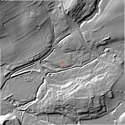 Shaded relief map of the ground around DY104BW, computed from Environment Agency LiDAR. The ground here sits at about 37 m above sea level and falls 21 m across the surrounding 800 m. Surface water reaching this point runs off ground lying to the north, 7.6 m higher.