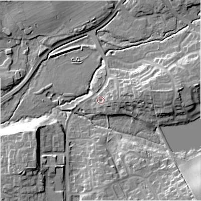 Shaded relief map of the ground around DY104ET, computed from Environment Agency LiDAR. The ground here sits at about 39 m above sea level and falls 25 m across the surrounding 800 m. Surface water reaching this point runs off ground lying to the east-north-east, 6.9 m higher.