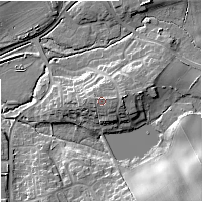 Shaded relief map of the ground around DY104RS, computed from Environment Agency LiDAR. The ground here sits at about 48 m above sea level and falls 27 m across the surrounding 800 m. Surface water reaching this point runs off ground lying to the east-north-east, 0.9 m higher.