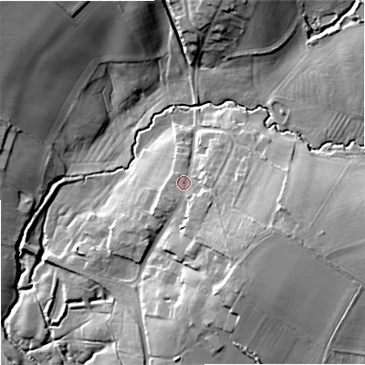 Shaded relief map of the ground around DY104SD, computed from Environment Agency LiDAR. The ground here sits at about 80 m above sea level and falls 27 m across the surrounding 800 m. Surface water reaching this point runs off ground lying to the south-east, 7.7 m higher.