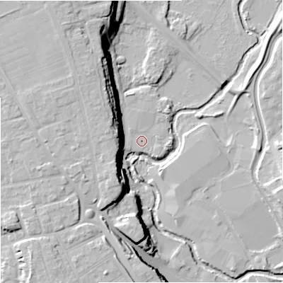 Shaded relief map of the ground around DY115DF, computed from Environment Agency LiDAR. The ground here sits at about 34 m above sea level and falls 21 m across the surrounding 800 m. Surface water reaching this point runs off ground lying to the west-north-west, 16.9 m higher.