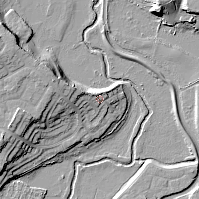 Shaded relief map of the ground around DY115EB, computed from Environment Agency LiDAR. The ground here sits at about 43 m above sea level and falls 20 m across the surrounding 800 m. Surface water reaching this point runs off ground lying to the west-north-west, 7.6 m higher.