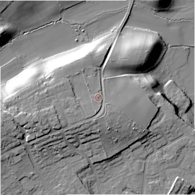 Shaded relief map of the ground around DY115QL, computed from Environment Agency LiDAR. The ground here sits at about 58 m above sea level and falls 27 m across the surrounding 800 m. Surface water reaching this point runs off ground lying to the south, 4.0 m higher.