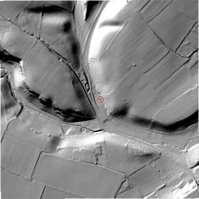 Shaded relief map of the ground around DY115RP, computed from Environment Agency LiDAR. The ground here sits at about 53 m above sea level and falls 43 m across the surrounding 800 m. Surface water reaching this point runs off ground lying to the north-west, 38.2 m higher.