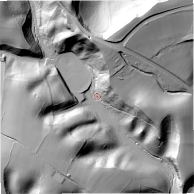 Shaded relief map of the ground around DY115RR, computed from Environment Agency LiDAR. The ground here sits at about 67 m above sea level and falls 68 m across the surrounding 800 m. Surface water reaching this point runs off ground lying to the north-north-east, 45.9 m higher.