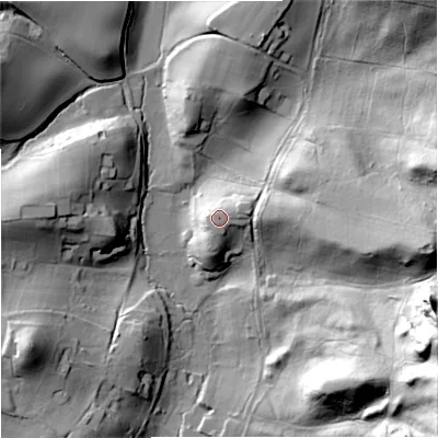 Shaded relief map of the ground around DY115SB, computed from Environment Agency LiDAR. The ground here sits at about 74 m above sea level and falls 61 m across the surrounding 800 m. Surface water reaching this point runs off ground lying to the east-north-east, 2.9 m higher.