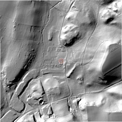 Shaded relief map of the ground around DY115SL, computed from Environment Agency LiDAR. The ground here sits at about 57 m above sea level and falls 57 m across the surrounding 800 m. Surface water reaching this point runs off ground lying to the east, 9.7 m higher.