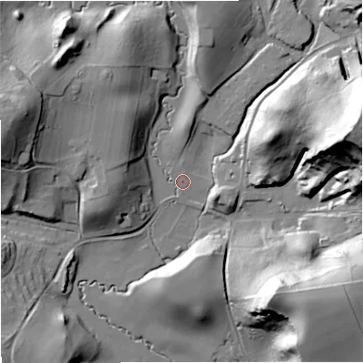 Shaded relief map of the ground around DY115SP, computed from Environment Agency LiDAR. The ground here sits at about 48 m above sea level and falls 62 m across the surrounding 800 m. Surface water reaching this point runs off ground lying to the north-north-west, 18.1 m higher.