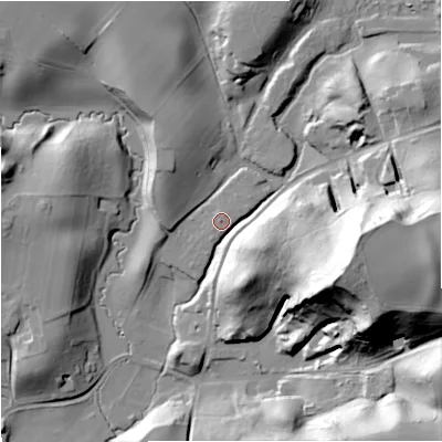 Shaded relief map of the ground around DY115SR, computed from Environment Agency LiDAR. The ground here sits at about 53 m above sea level and falls 60 m across the surrounding 800 m. Surface water reaching this point runs off ground lying to the east, 55.5 m higher.