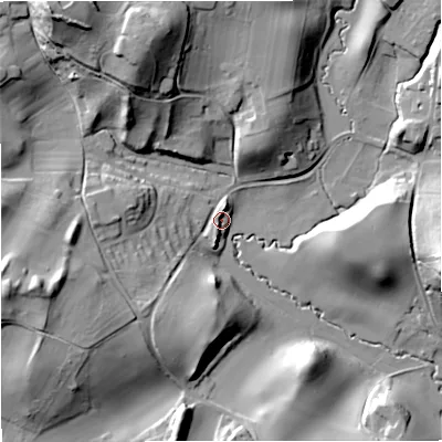 Shaded relief map of the ground around DY115SU, computed from Environment Agency LiDAR. The ground here sits at about 49 m above sea level and falls 43 m across the surrounding 800 m. Surface water reaching this point runs off ground lying to the south-west, 5.9 m higher.