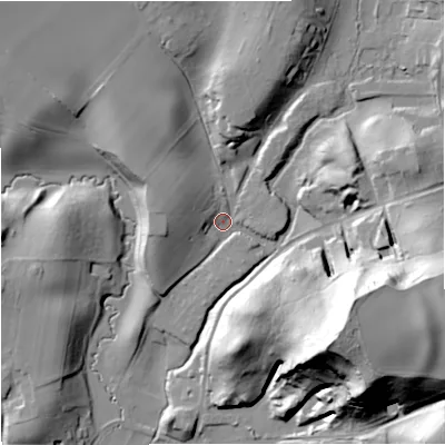 Shaded relief map of the ground around DY115SW, computed from Environment Agency LiDAR. The ground here sits at about 52 m above sea level and falls 59 m across the surrounding 800 m. Surface water reaching this point runs off ground lying to the north-north-west, 17.9 m higher.