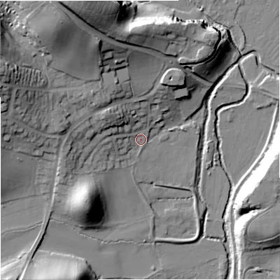 Shaded relief map of the ground around DY115TR, computed from Environment Agency LiDAR. The ground here sits at about 38 m above sea level and falls 40 m across the surrounding 800 m. Surface water reaching this point runs off ground lying to the north-north-west, 32.0 m higher.