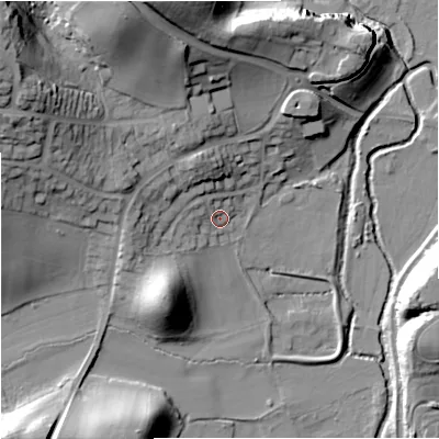 Shaded relief map of the ground around DY115TT, computed from Environment Agency LiDAR. The ground here sits at about 39 m above sea level and falls 38 m across the surrounding 800 m. Surface water reaching this point runs off ground lying to the west-north-west, 4.4 m higher.