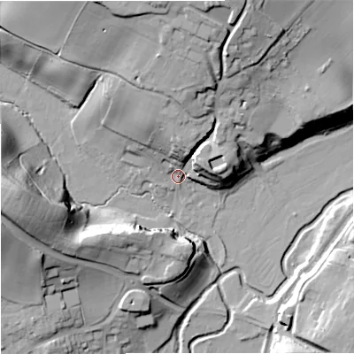 Shaded relief map of the ground around DY115XD, computed from Environment Agency LiDAR. The ground here sits at about 38 m above sea level and falls 40 m across the surrounding 800 m. Surface water reaching this point runs off ground lying to the north-north-east, 29.2 m higher.