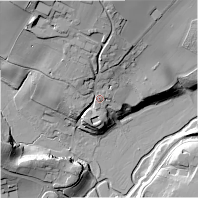 Shaded relief map of the ground around DY115XE, computed from Environment Agency LiDAR. The ground here sits at about 52 m above sea level and falls 42 m across the surrounding 800 m. Surface water reaching this point runs off ground lying to the north-north-west, 24.0 m higher.