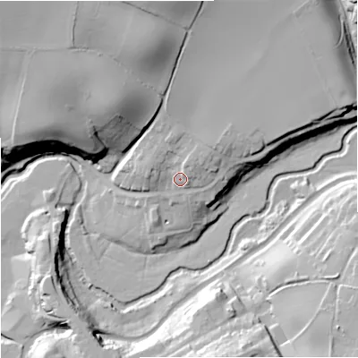 Shaded relief map of the ground around DY115YB, computed from Environment Agency LiDAR. The ground here sits at about 50 m above sea level and falls 38 m across the surrounding 800 m. Surface water reaching this point runs off ground lying to the north, 19.7 m higher.