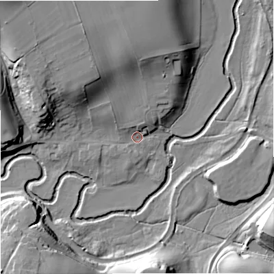 Shaded relief map of the ground around DY115YW, computed from Environment Agency LiDAR. The ground here sits at about 42 m above sea level and falls 23 m across the surrounding 800 m. Surface water reaching this point runs off ground lying to the north-north-west, 15.9 m higher.