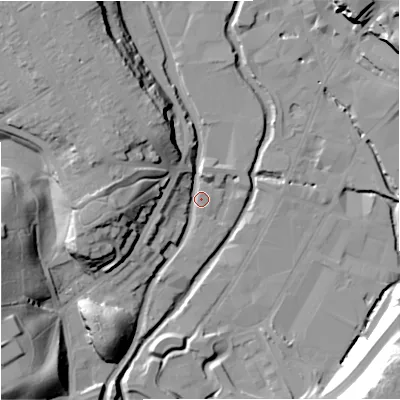 Shaded relief map of the ground around DY116DX, computed from Environment Agency LiDAR. The ground here sits at about 32 m above sea level and falls 35 m across the surrounding 800 m. Surface water reaching this point runs off ground lying to the north-west, 7.1 m higher.