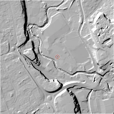 Shaded relief map of the ground around DY116DY, computed from Environment Agency LiDAR. The ground here sits at about 34 m above sea level and falls 22 m across the surrounding 800 m. Surface water reaching this point runs off ground lying to the east-south-east, 1.5 m higher.