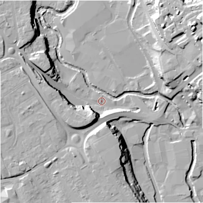 Shaded relief map of the ground around DY116FB, computed from Environment Agency LiDAR. The ground here sits at about 33 m above sea level and falls 26 m across the surrounding 800 m. Surface water reaching this point runs off ground lying to the east-north-east, 22.5 m higher.