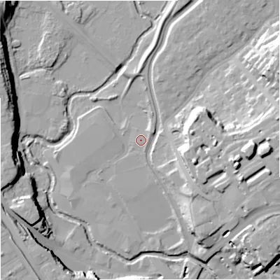 Shaded relief map of the ground around DY116SD, computed from Environment Agency LiDAR. The ground here sits at about 35 m above sea level and falls 25 m across the surrounding 800 m. Surface water reaching this point runs off ground lying to the east, 0.8 m higher.